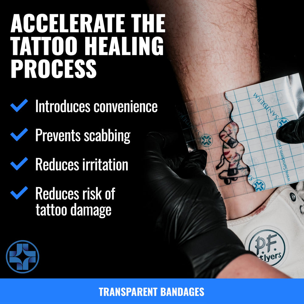 Saniderm bandage with 6x8 inch focus protecting fresh tattoo during daily activities.