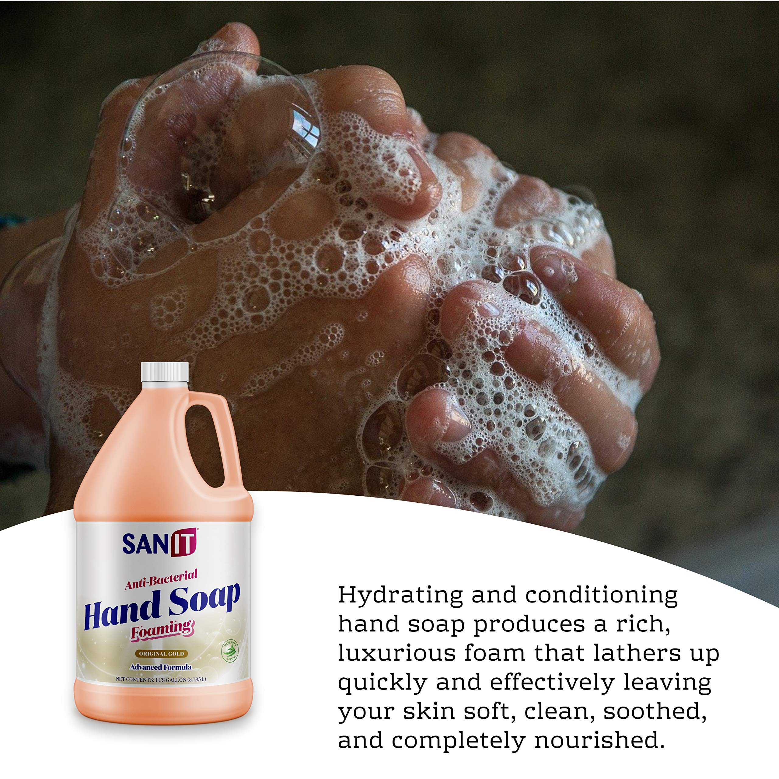 Hands using SANIT foaming soap showing rich lather and rinse