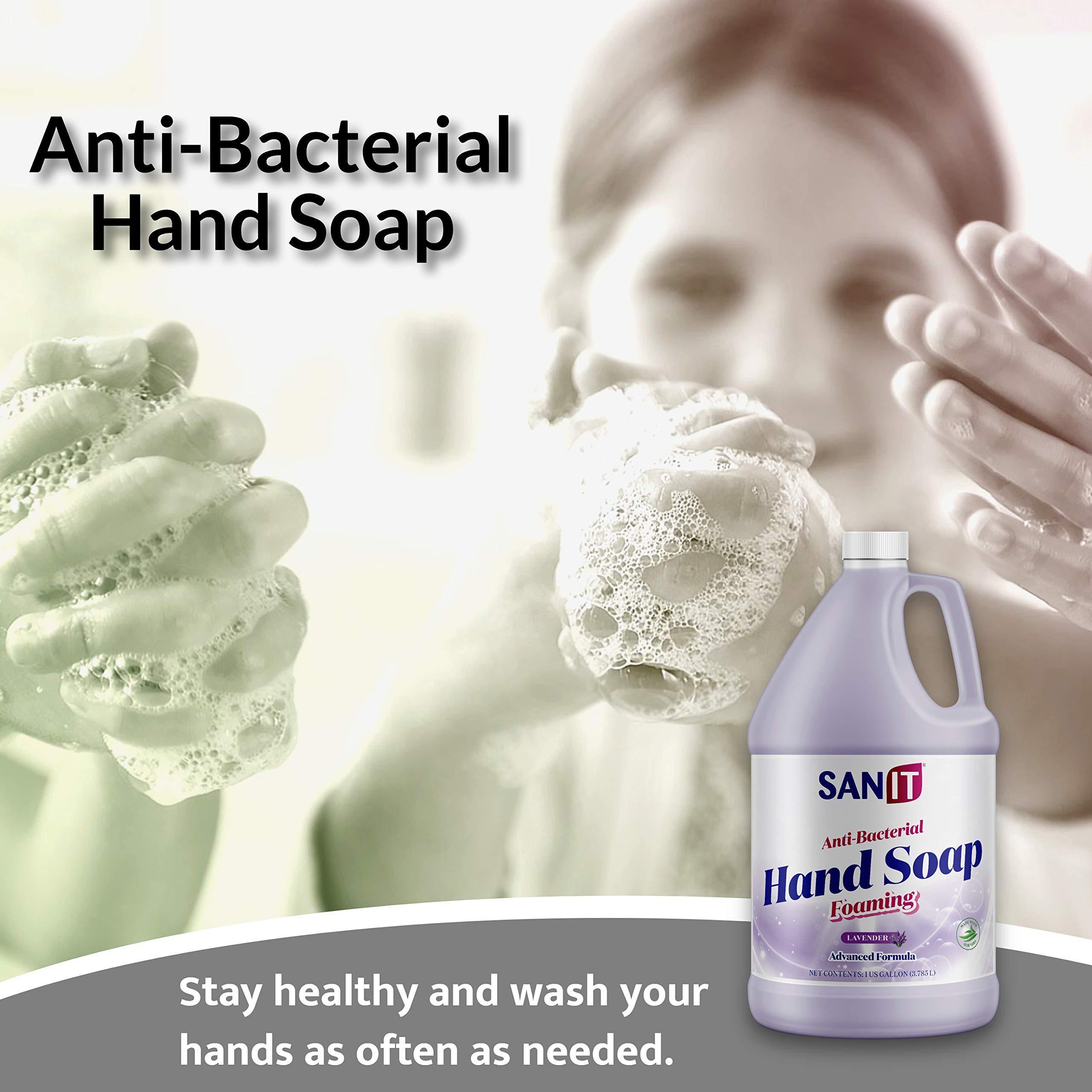 Sanit lavender foaming hands closeup shows creamy lather and moisture