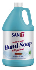 Sanit Silky Clean bottle pour showing smooth moisturized hand wash.