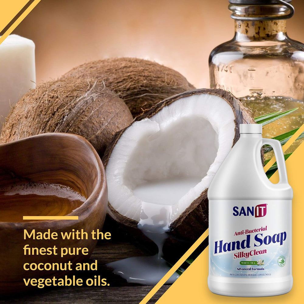 Sanit Silky Clean coconut oil base — nourishing cleansing that protects skin.