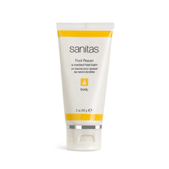 Sanitas Foot Repair balm jar close-up showing creamy texture for dry heels