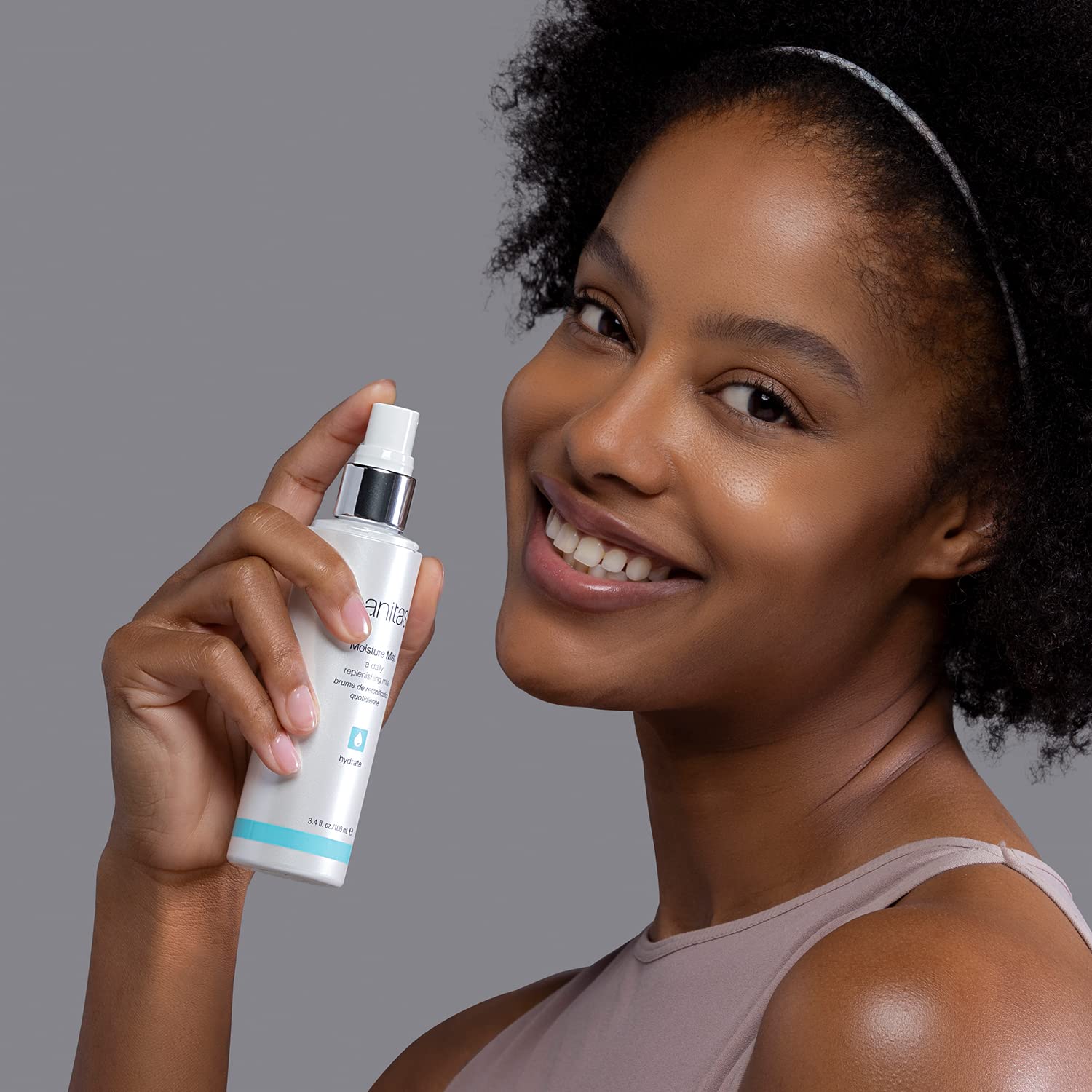 Sanitas Moisture Mist dewy finish nourishes skin for a rested, glowing look
