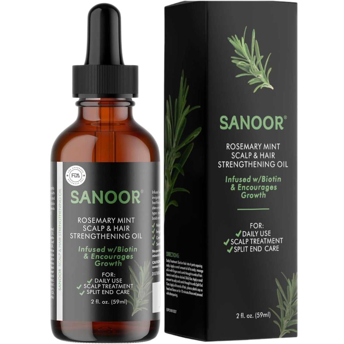 SANOOR Rosemary Mint oil bottle close-up emphasizes purity and scalp nourishment