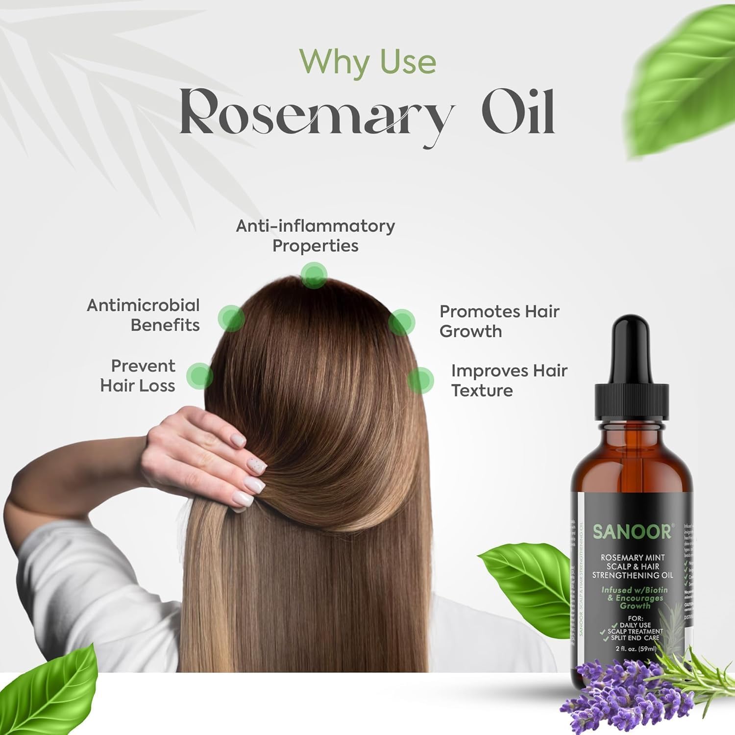 SANOOR Rosemary Mint oil dropper used on scalp for easy application