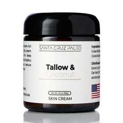 Santa Cruz Paleo beef tallow coconut moisturizer, jar close-up, for soft, nourished skin.