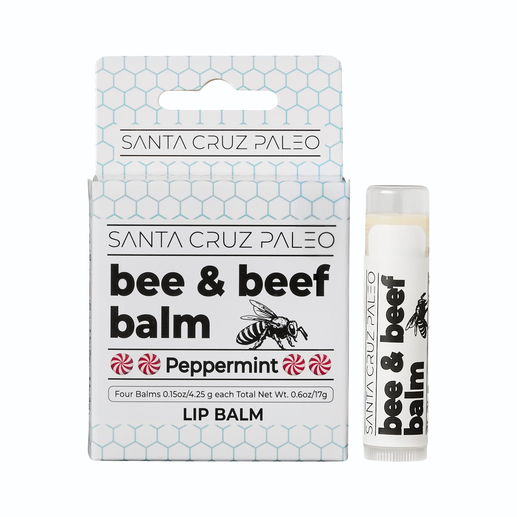 Santa Cruz Paleo beef tallow vitamin blend emphasizes skin-nourishing benefits for lips.