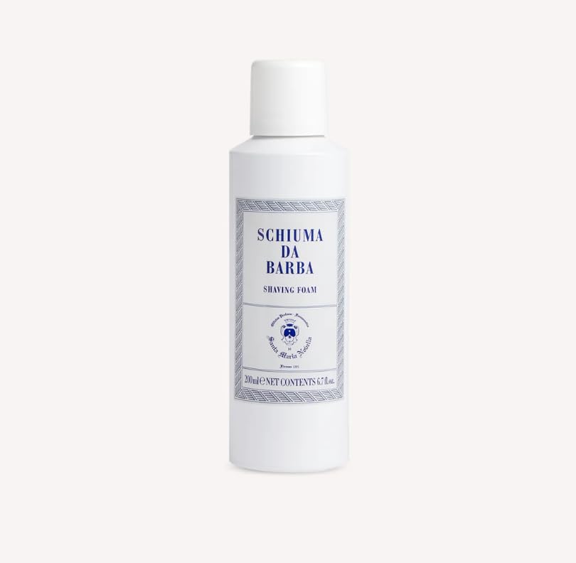 Santa Maria Novella shaving foam bottle provides hydration during shaving.