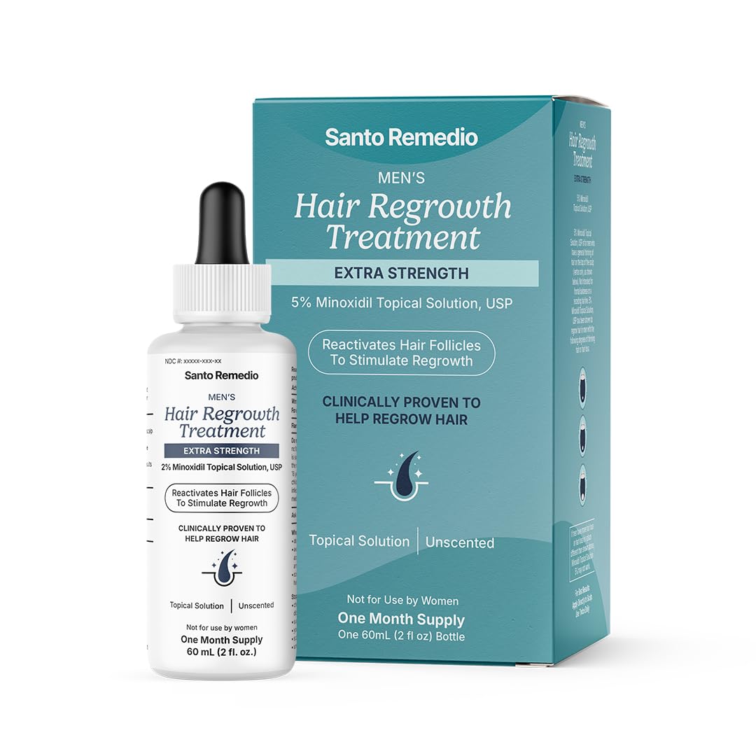 Santo Remedio minoxidil bottle shown for scalp care and regrowth support