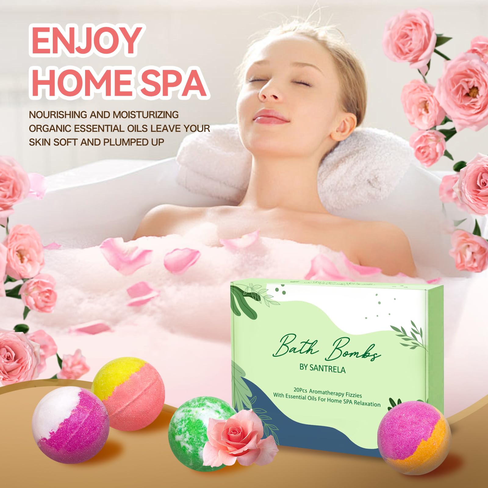 Santrela bath bombs with essential oils and shea cocoa butters for moisturizing baths.