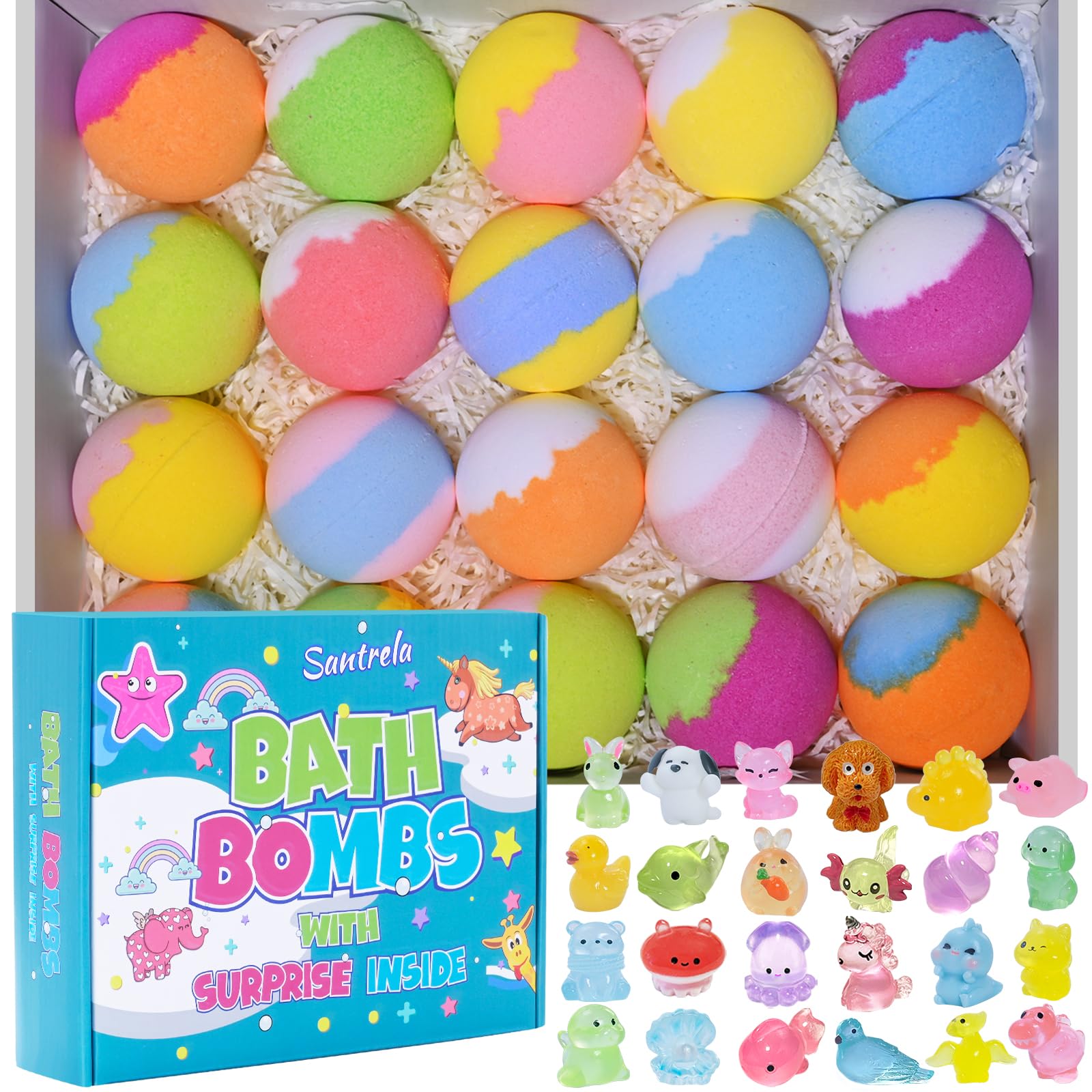 Santrela bath bombs with surprise toy inside for engaging bath time.