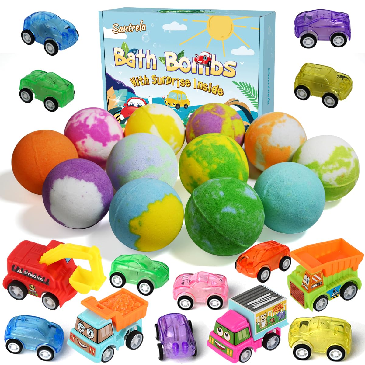 Santrela bath bombs with cars inside spark imaginative play during bath time.
