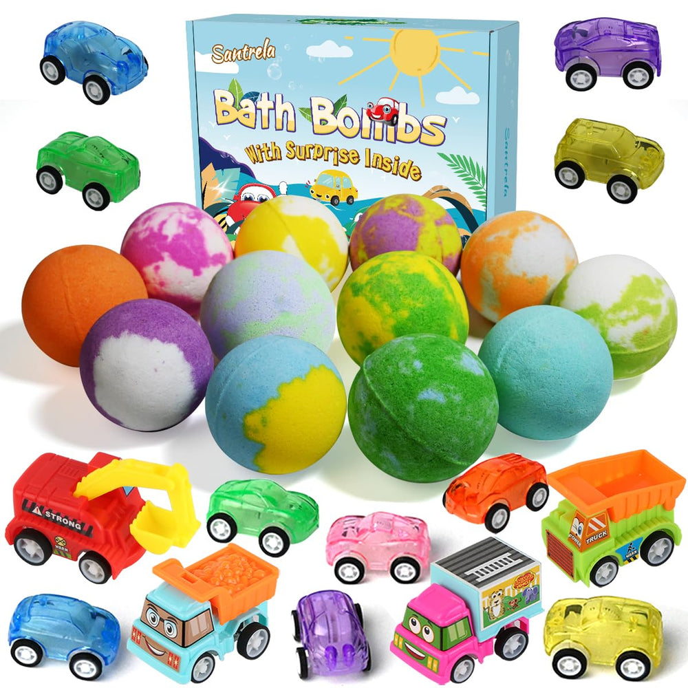 Santrela bath bombs with cars inside spark imaginative play during bath time.