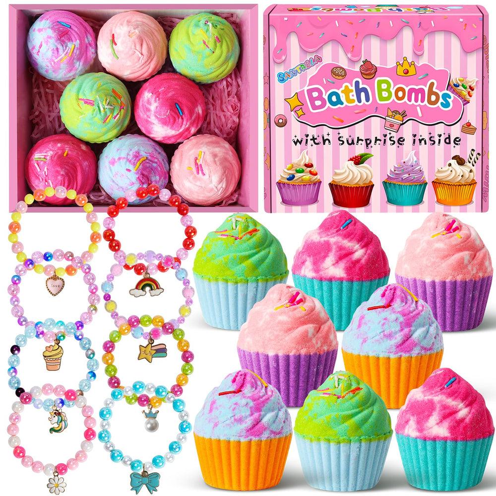 Santrela cupcake bath bombs gift set in colorful packaging for kids' bath time fun