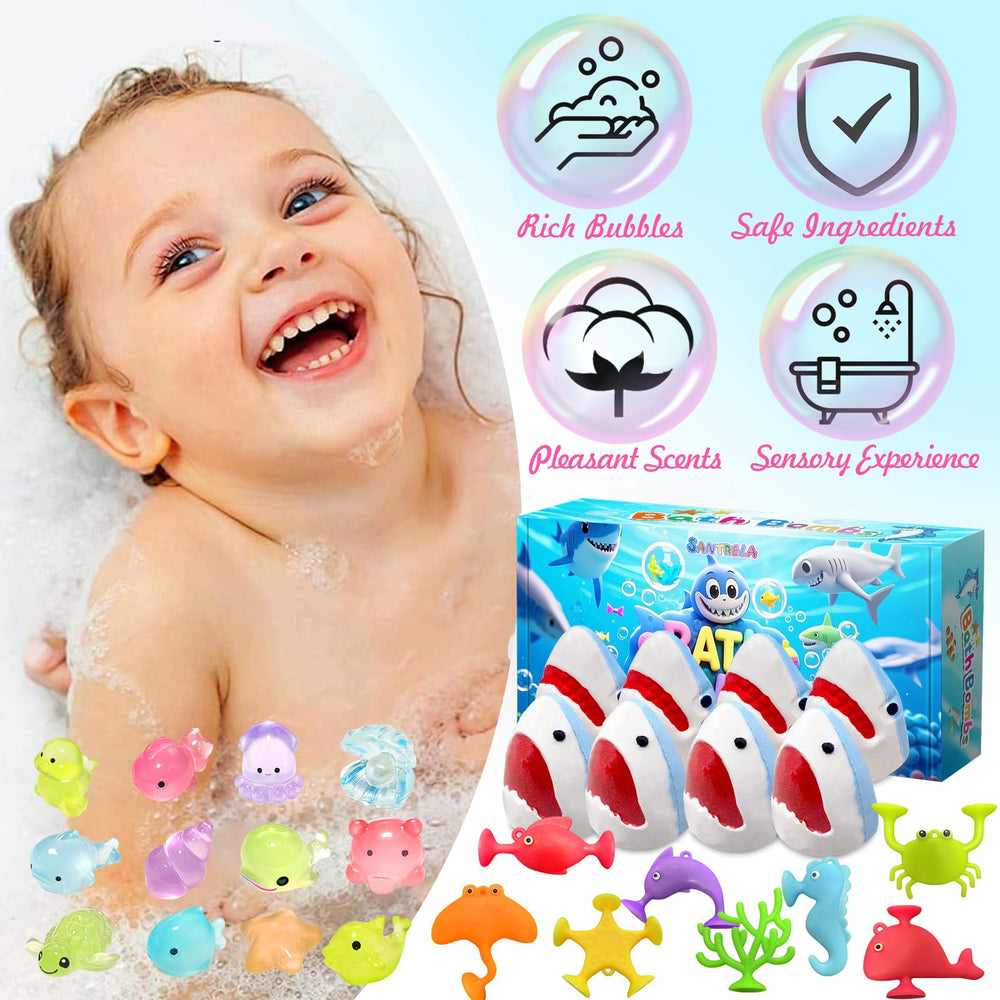 Includes four suction cup ocean toys for bath wall play.