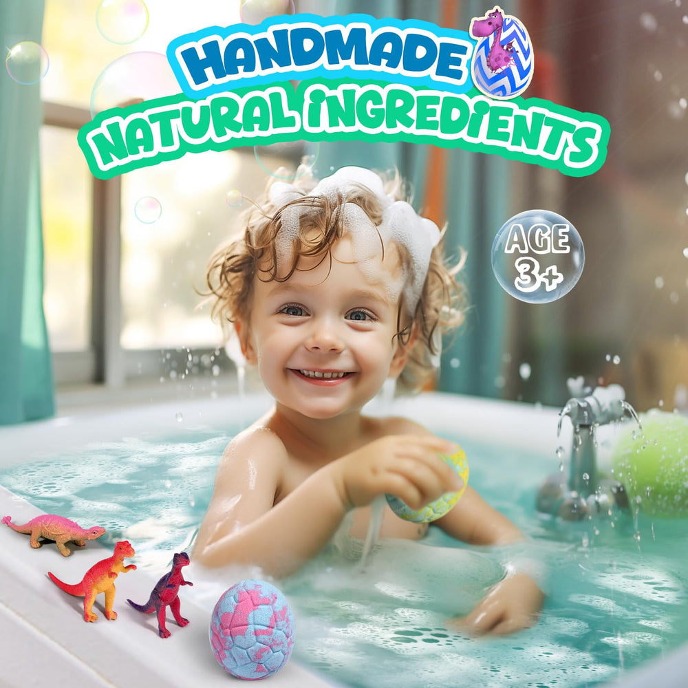 Sanyi bath time with dinosaur reveal and colorful bubbles.