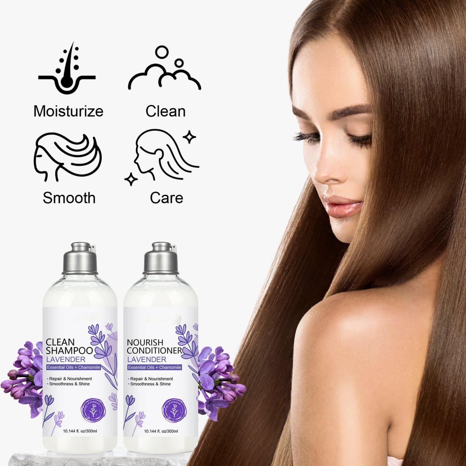 SANZHUAN Lavender Conditioner bottle pour demonstrating smoothing and moisture for healthy hair.