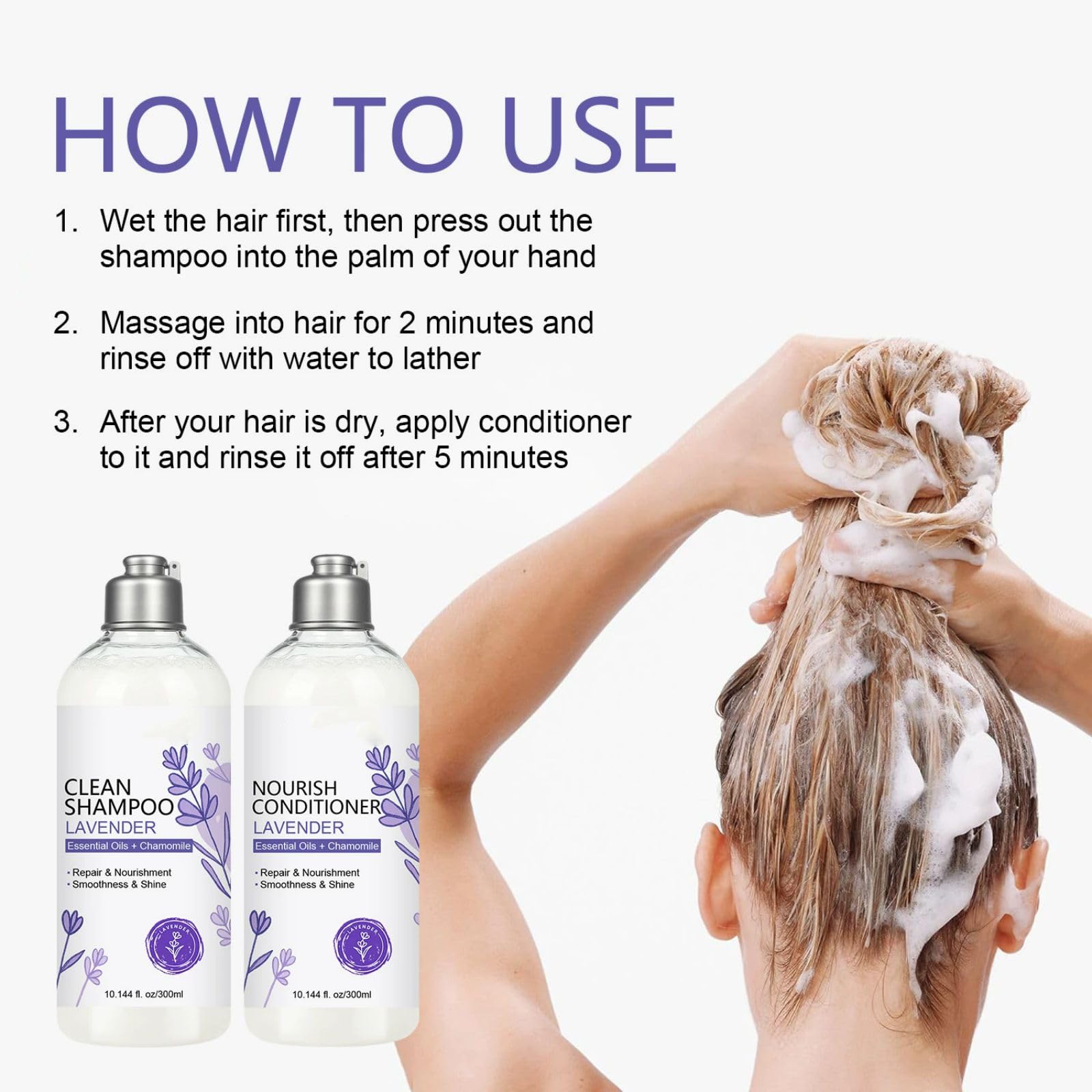SANZHUAN Lavender shampoo and conditioner packaging shows a vegan cruelty-free formula.