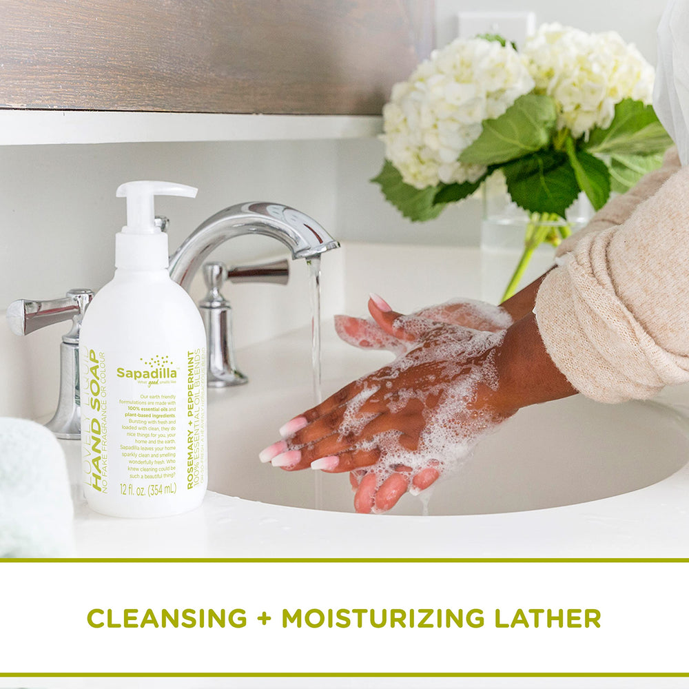 Sapadilla hand soap packaging eco-friendly and plant-based formula.