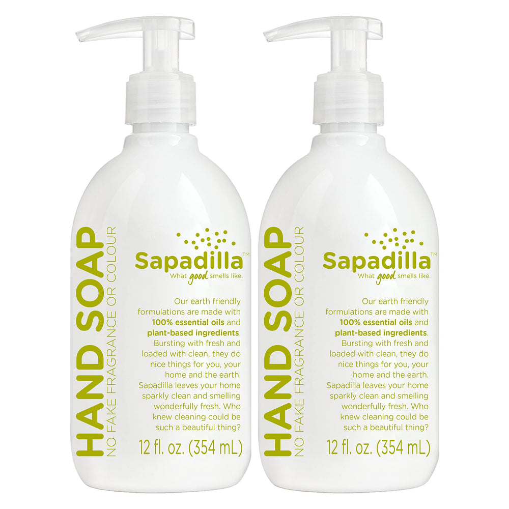 Sapadilla rosemary-peppermint hand soap bottle front with two-pack and aromatic cleanse.