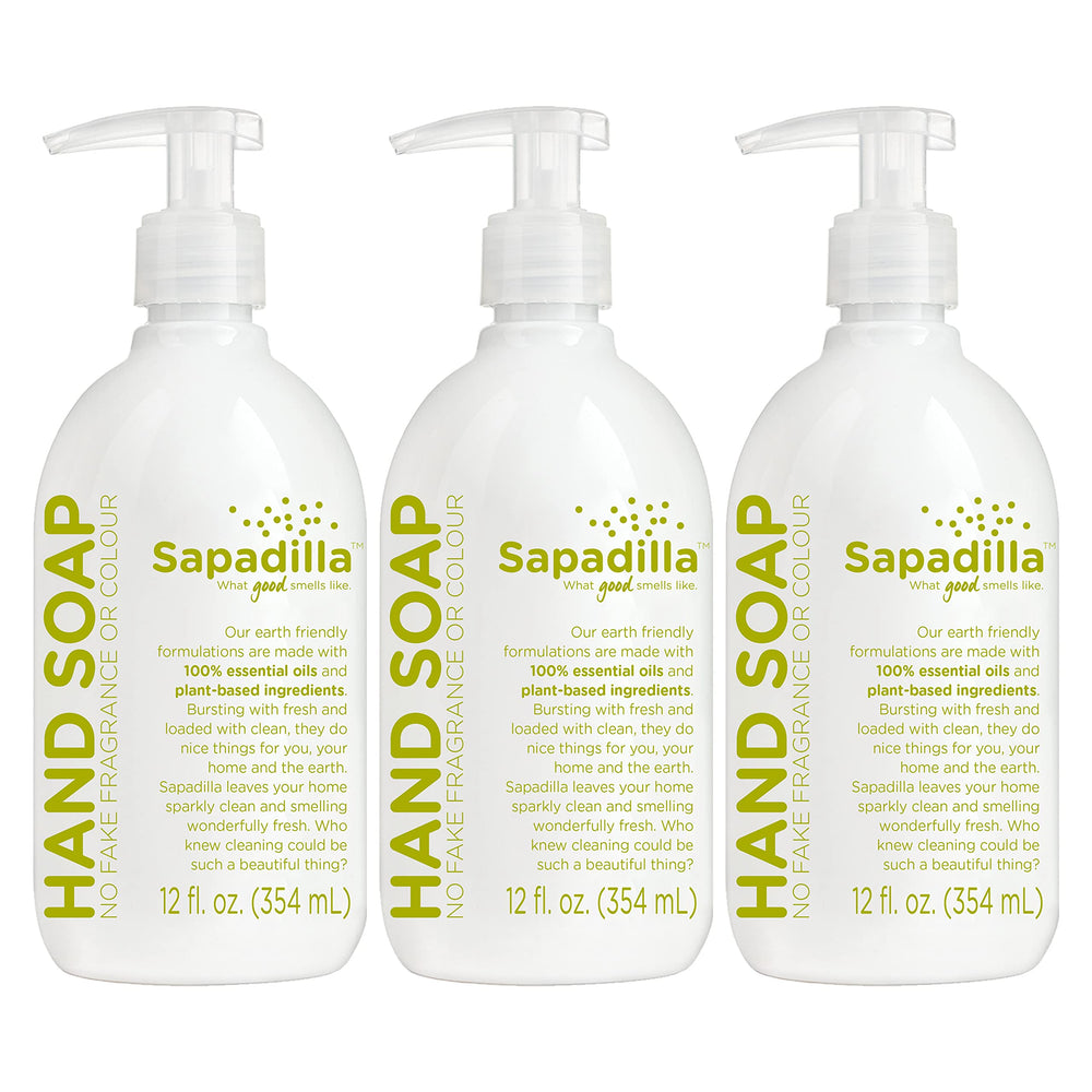 Sapadilla Rosemary Peppermint hand soap bottle highlights refreshing cleansing aroma.