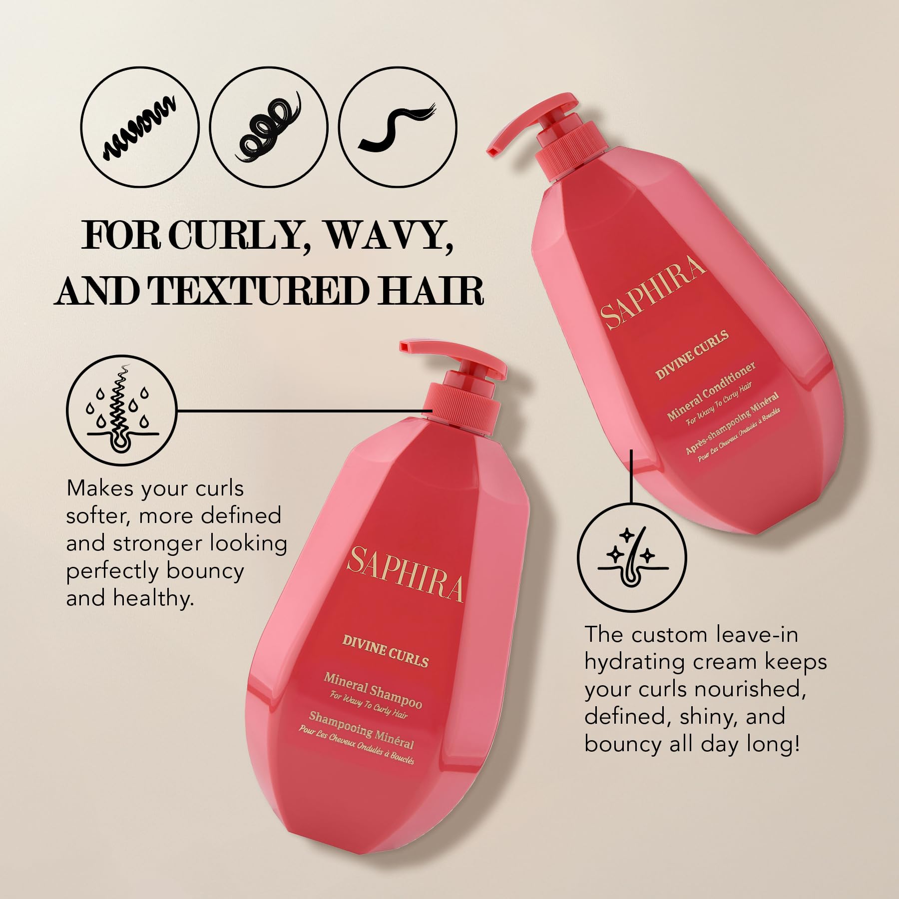 Saphira Divine Curls conditioner bottle close-up emphasizing conditioning and detangling