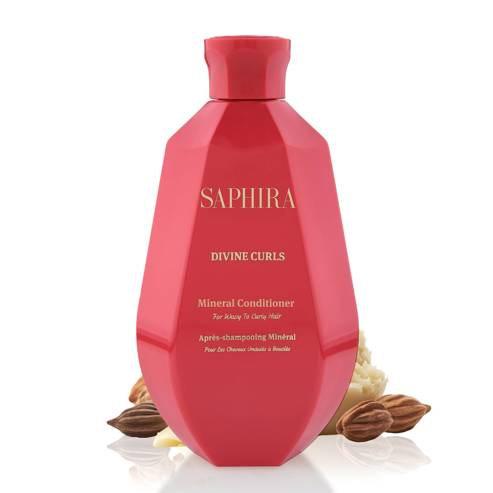 Saphira Divine Curls Conditioner bottle on shelf for curly hair care.