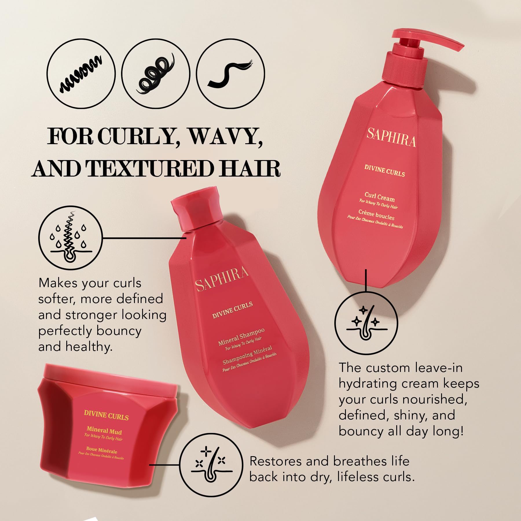 Saphira Divine Curls Kit mud-clay jar showing detoxifying treatment for defined curls.