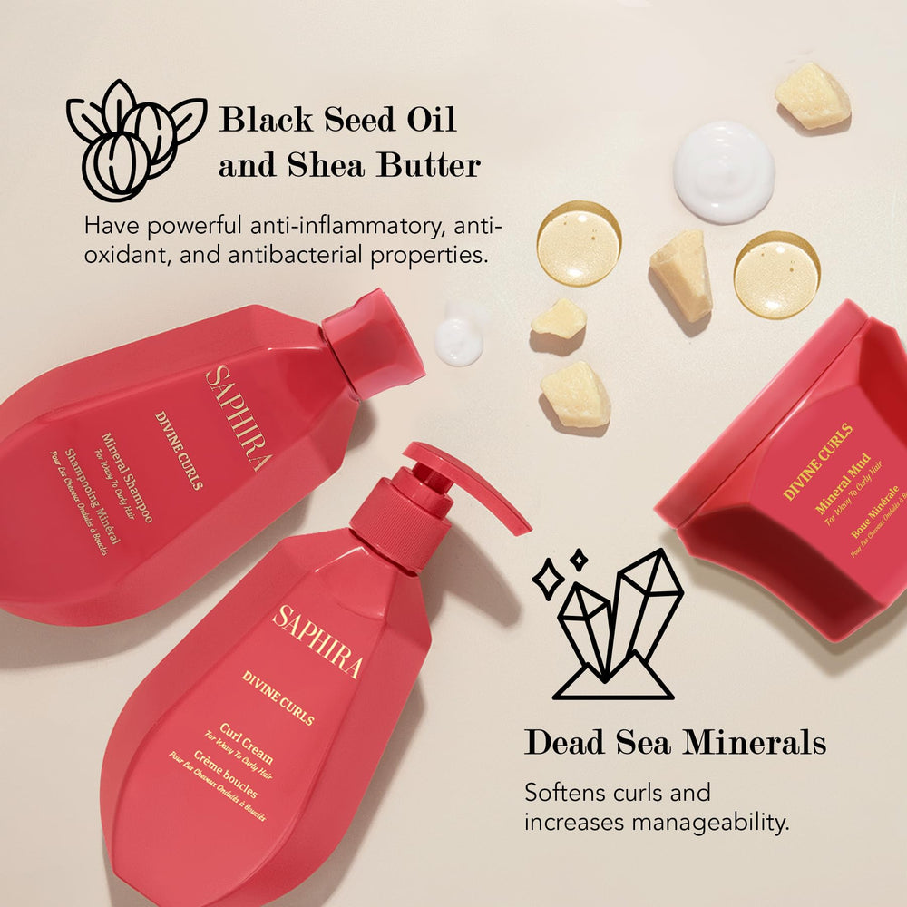 Saphira Divine Curls Kit packaging box presenting complete curl care trio.