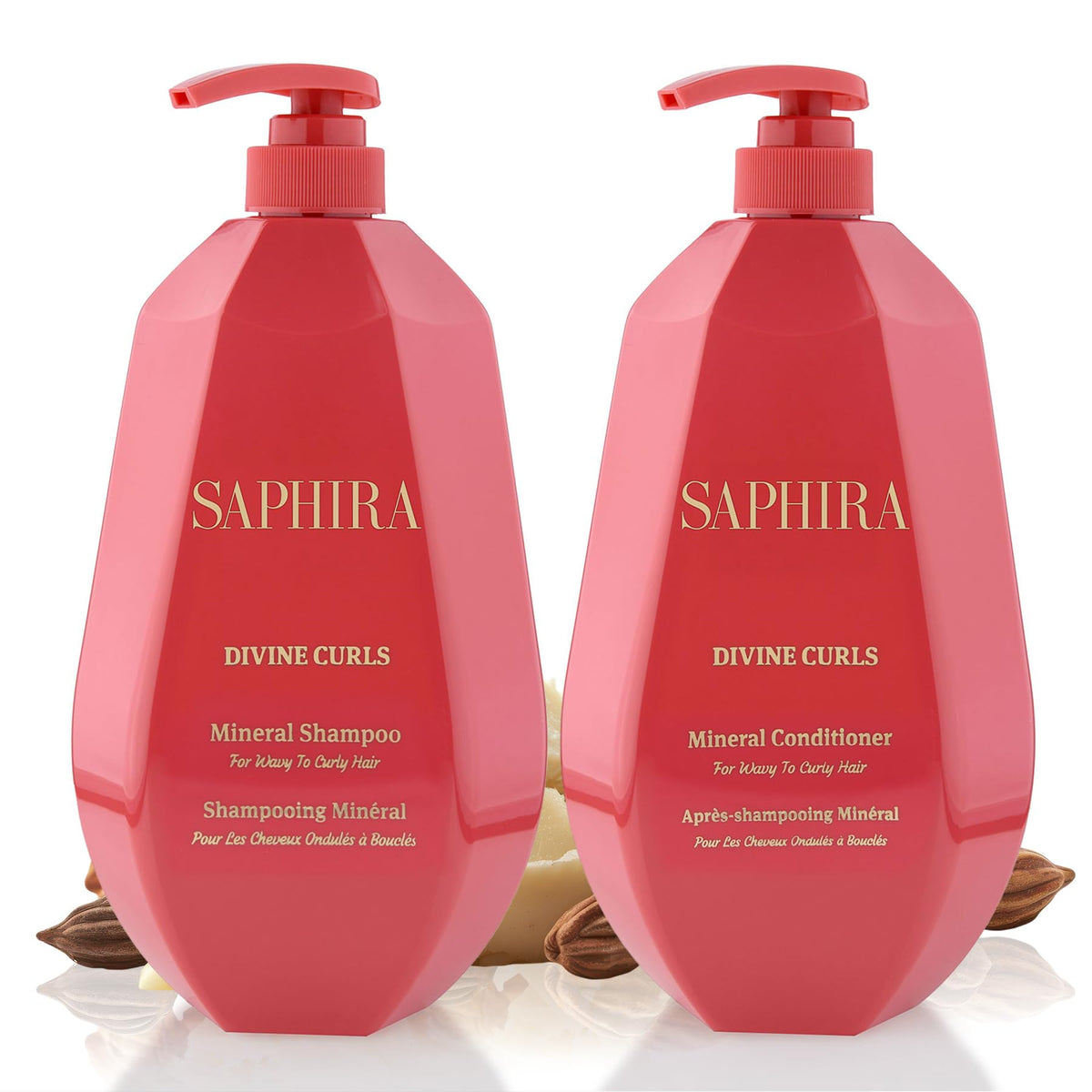 Saphira Divine Curls shampoo bottle close-up highlighting gentle cleansing for curls