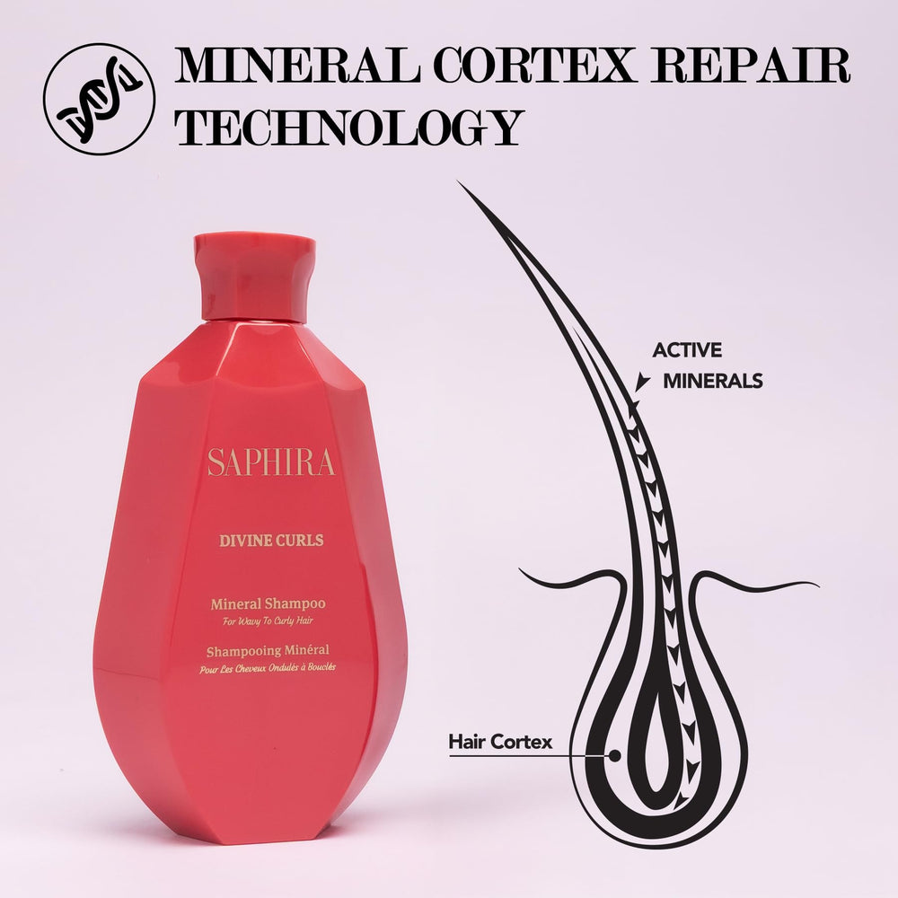 Saphira Divine Curls Shampoo bottle with hair for smooth cleansing