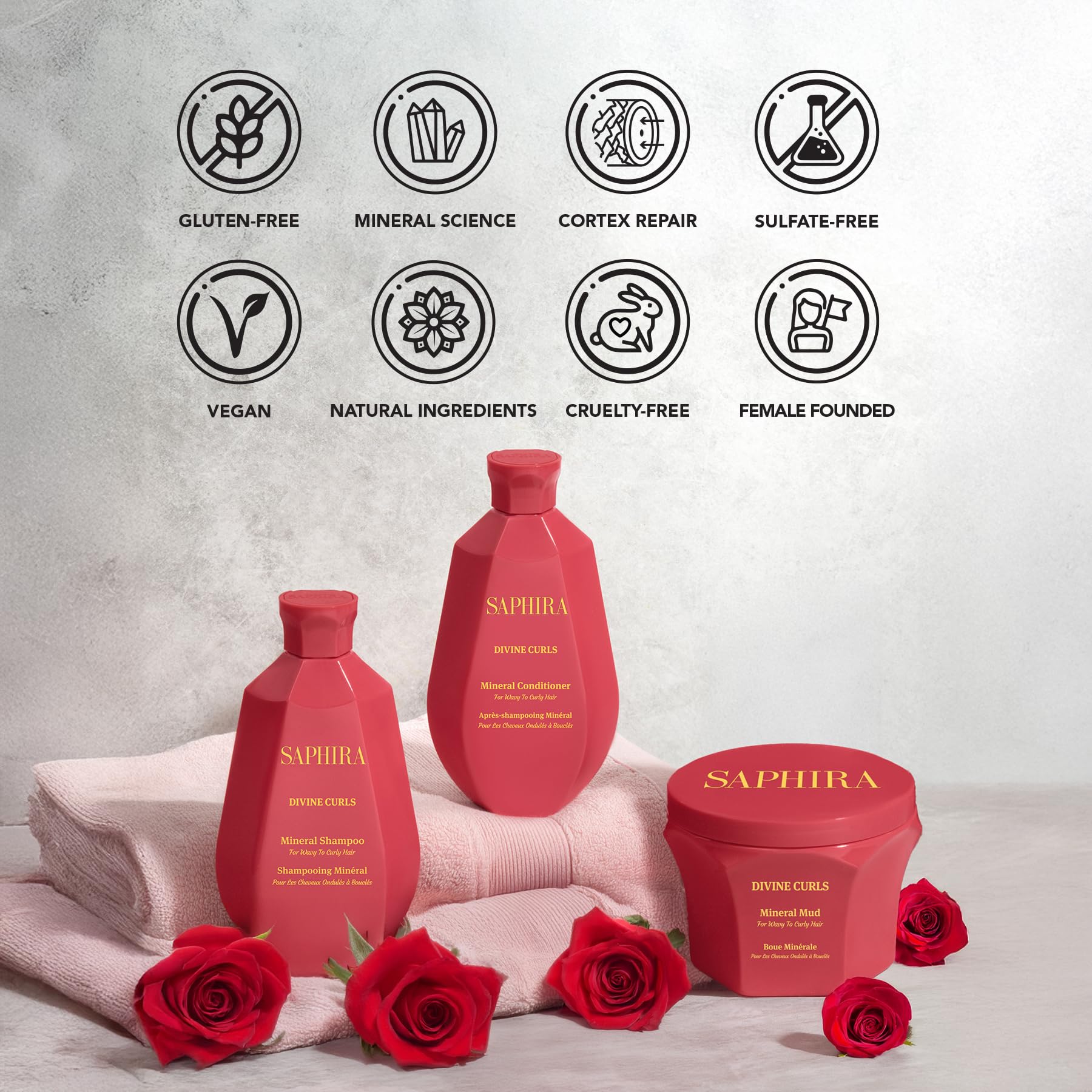Saphira Divine Curls Shampoo flat lay with product and accessories