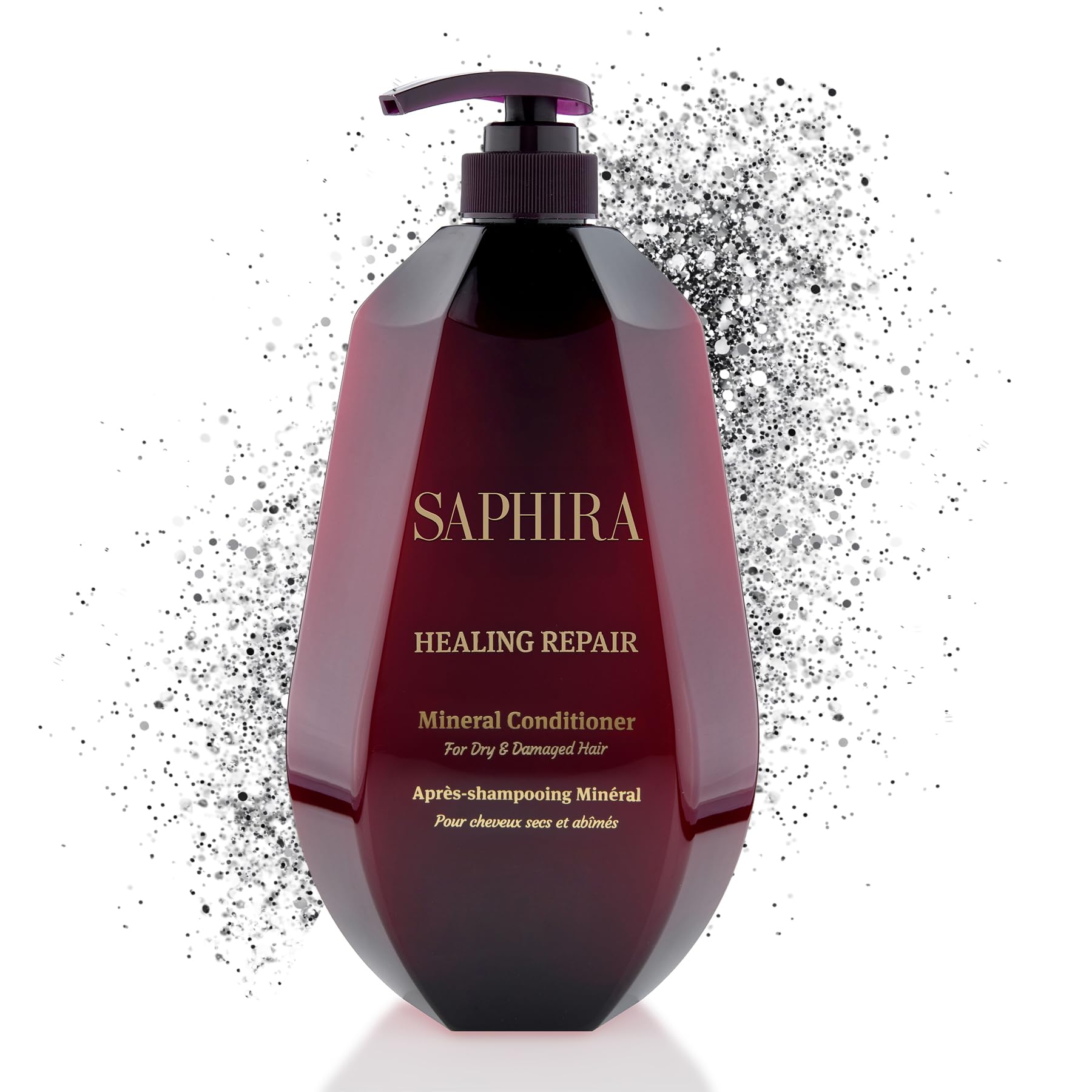 Saphira Healing Repair Conditioner bottle close-up showing nourishing formula for hair.