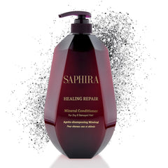 Saphira Healing Repair Conditioner bottle close-up showing nourishing formula for hair.