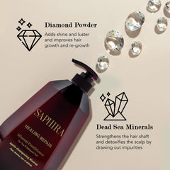 Saphira Healing Repair Conditioner on hair ends reducing frizz and breakage.