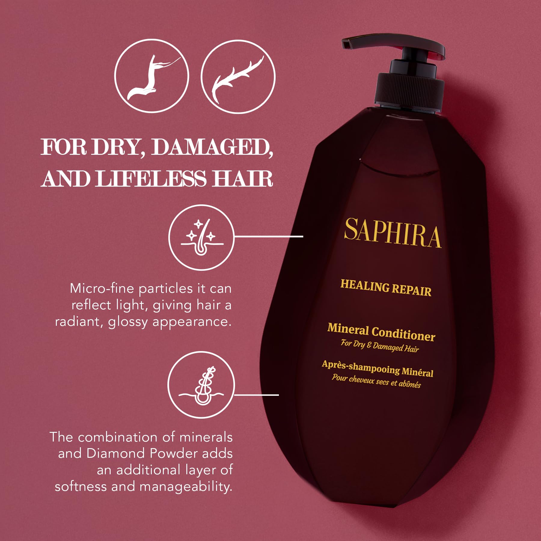 Saphira Healing Repair Conditioner pouring, delivering smooth slip for detangling.