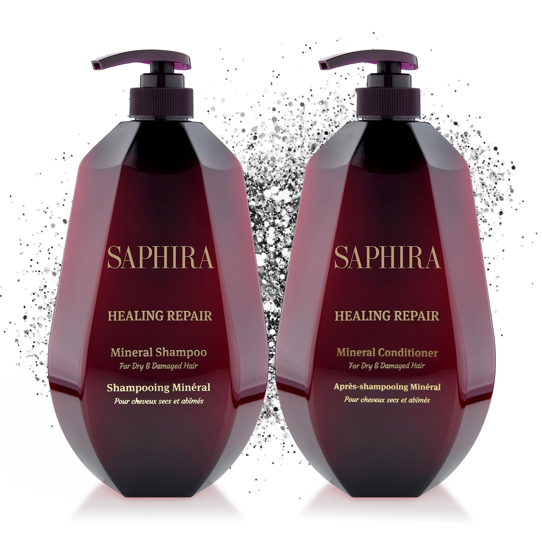 Saphira Healing Repair Shampoo bottle front: gentle cleansing for daily care.