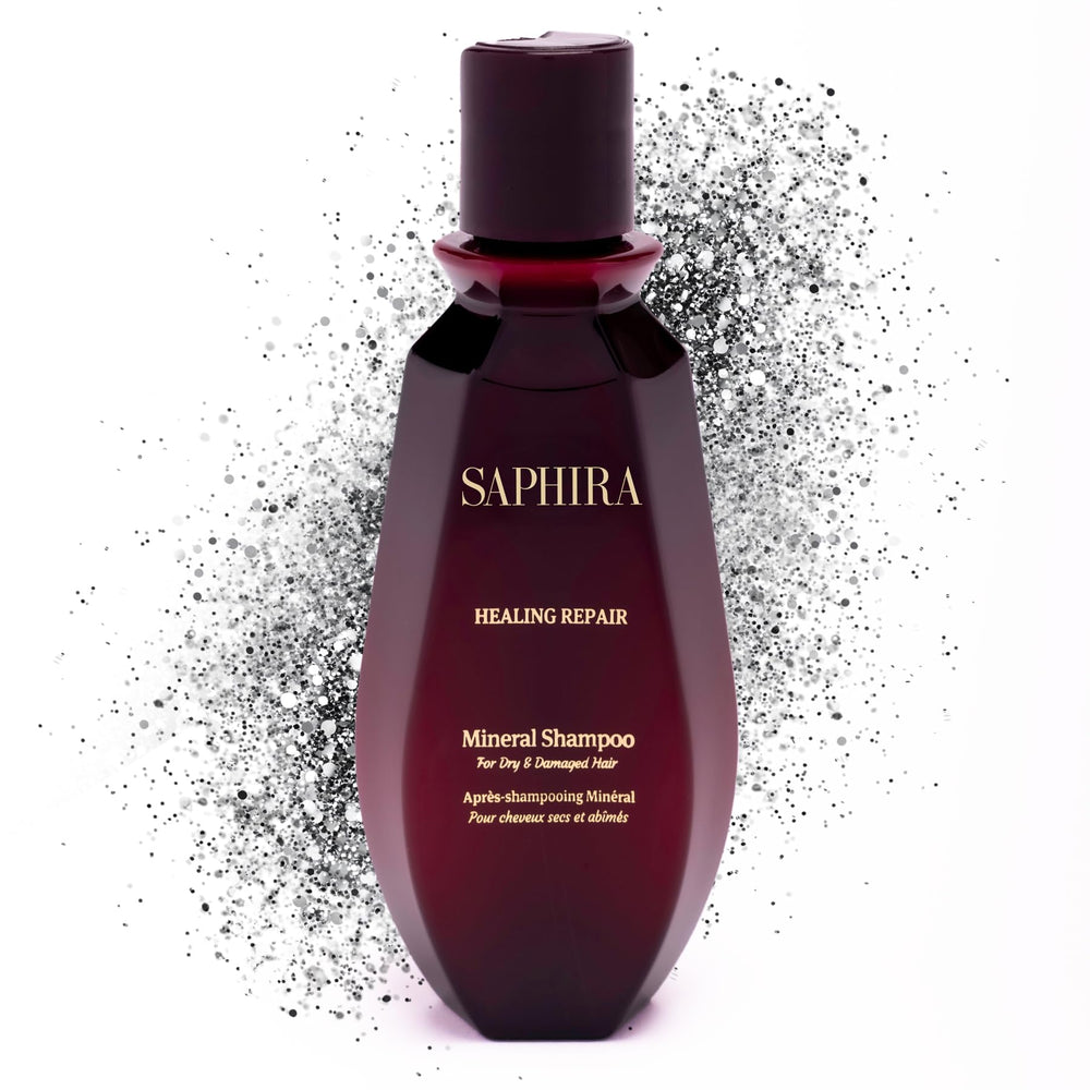 Saphira Healing Repair Shampoo bottle front with minerals for dry hair.