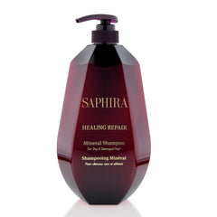 Saphira Healing Repair Shampoo bottle front highlighting mineral-rich formula for dry hair
