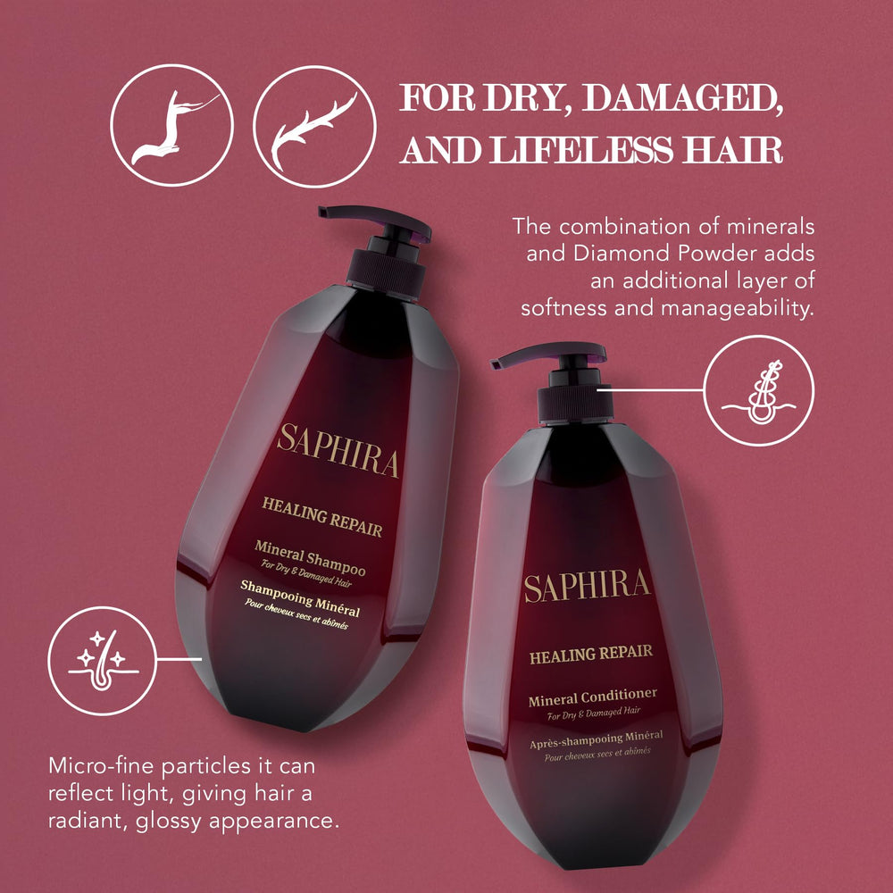 Saphira Healing Repair Shampoo bottle spout: easy dispensing for quick routines.