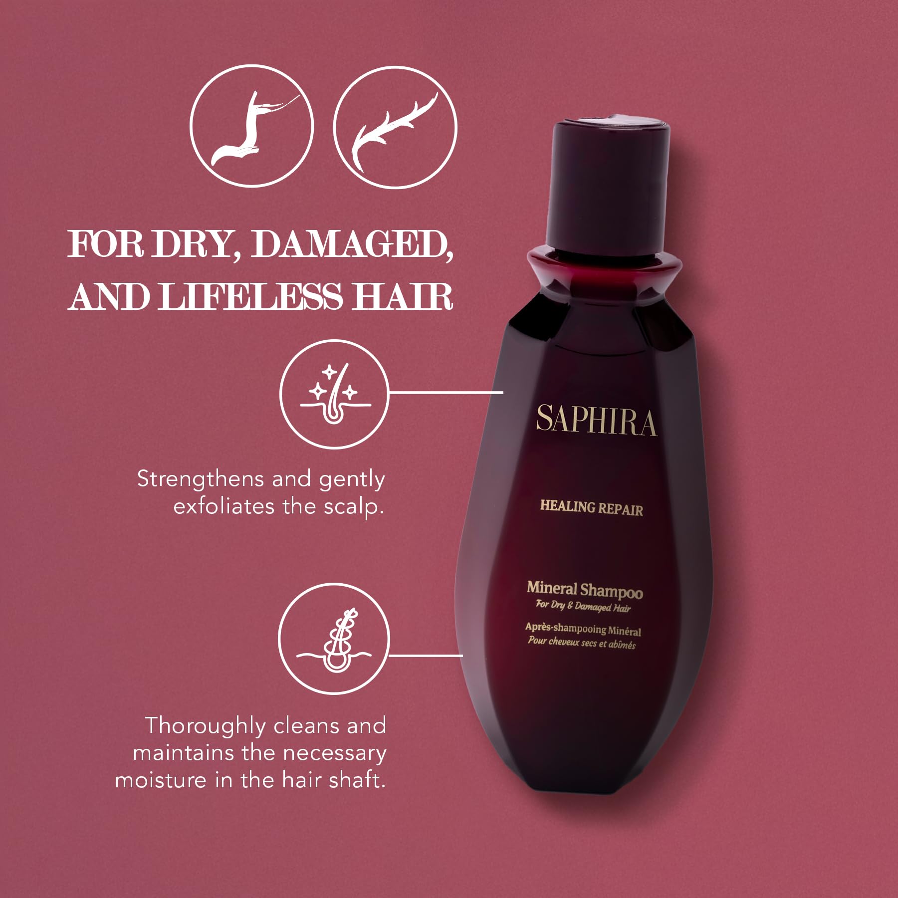 Saphira Healing Repair Shampoo cap close-up highlighting sulfate-free formula.