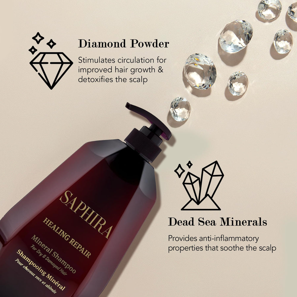 Rose oil and citrus visuals in Saphira Healing Repair Shampoo promoting shine and scalp benefits