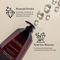 Rose oil and citrus visuals in Saphira Healing Repair Shampoo promoting shine and scalp benefits