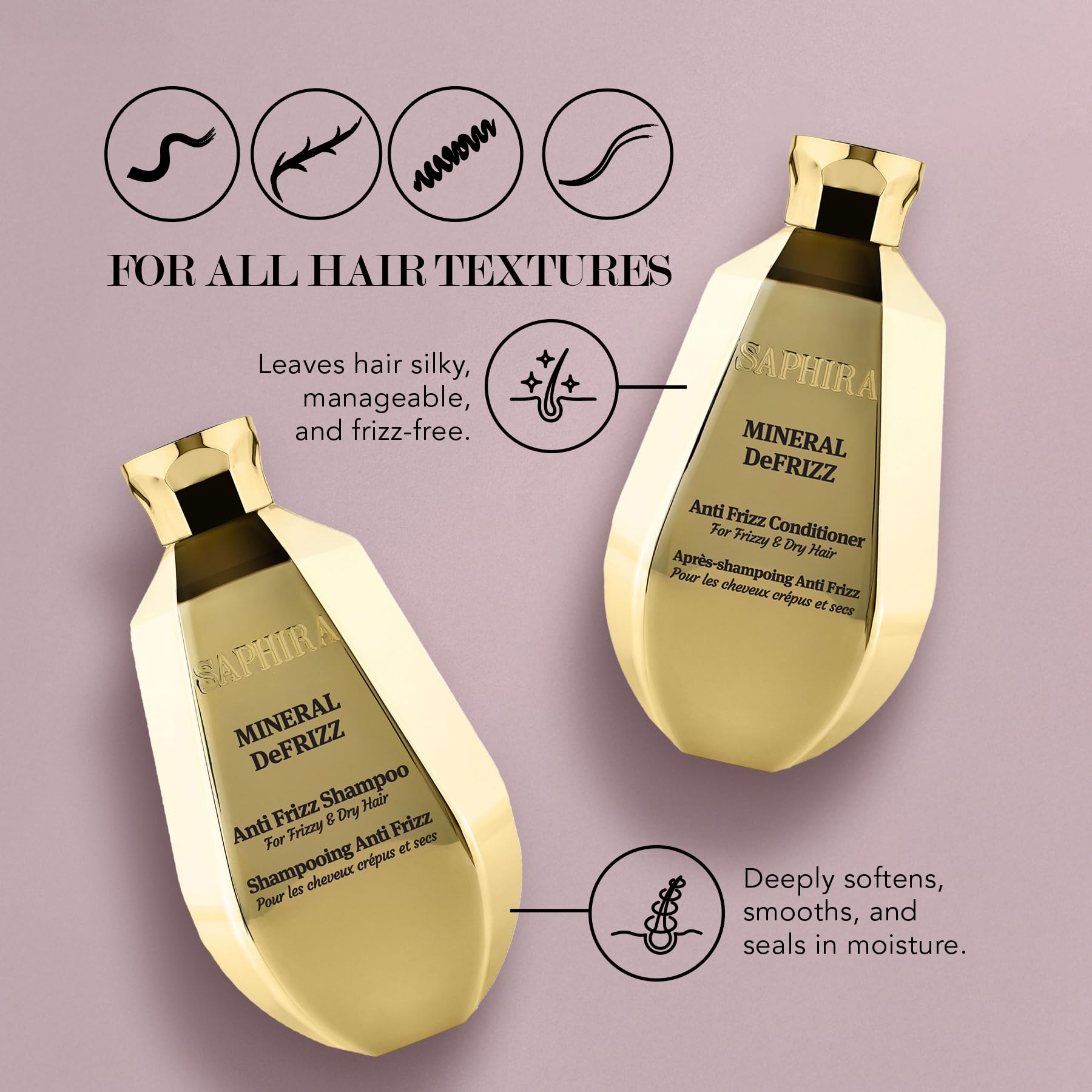 Saphira Mineral DeFrizz front bottle showcasing premium anti-frizz care