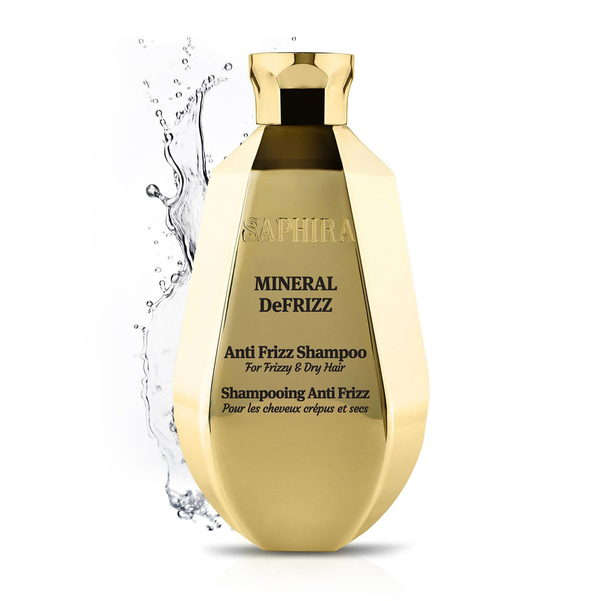 Saphira Mineral DeFrizz Shamopo bottle front showing frizz control on humid days