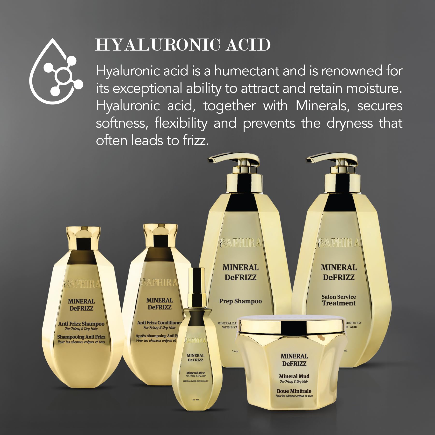 Saphira in-shower shelf with droplets signaling daily cleanse and anti-frizz routine