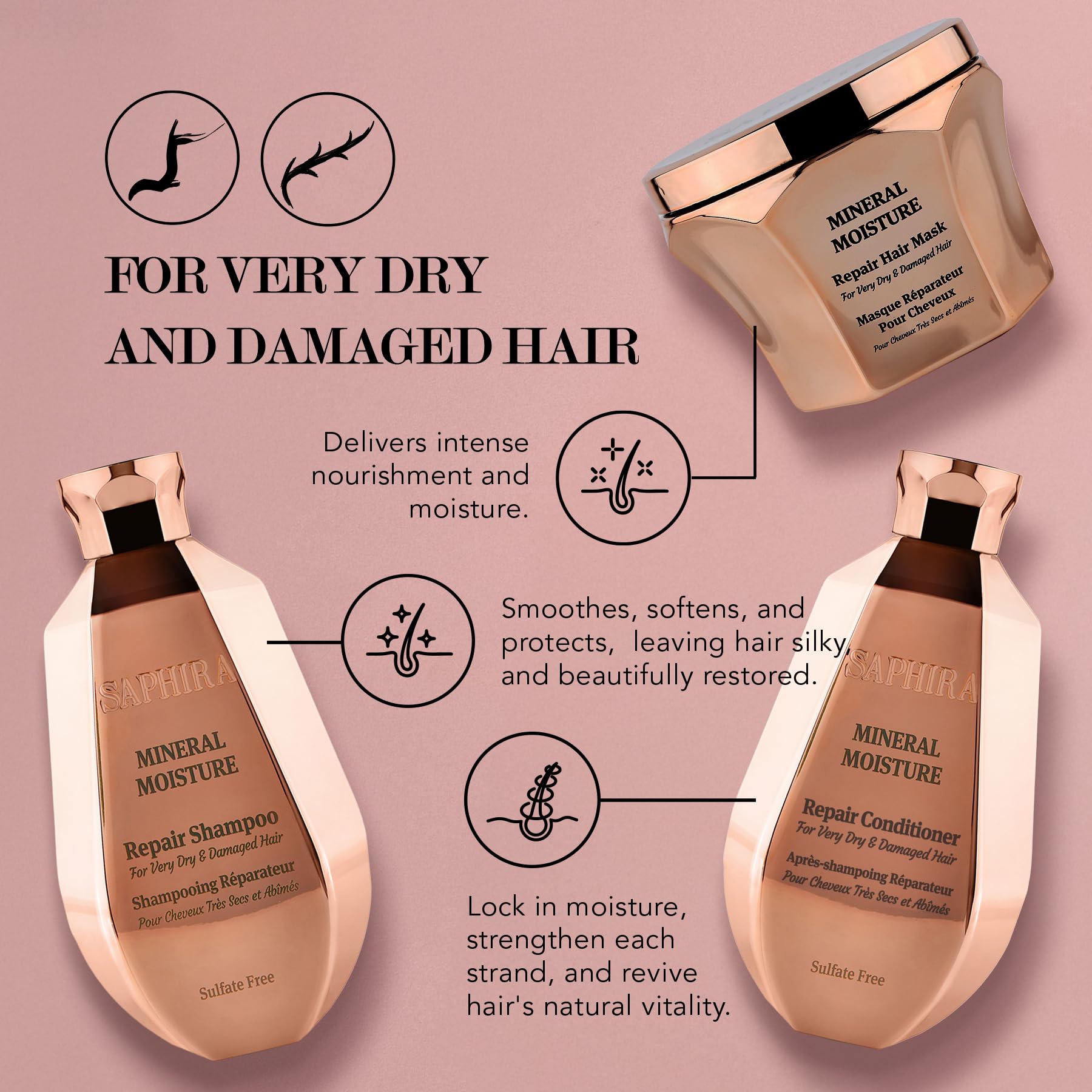 Saphira Mineral Moisture Kit conditioner tube smooths strands for easy detangling.