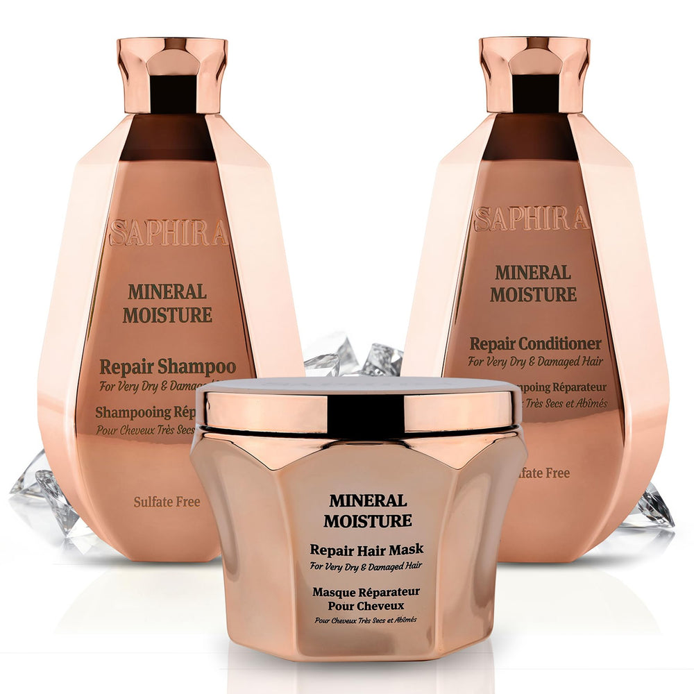 Saphira Mineral Moisture Kit shampoo bottle delivers a creamy lather for hydrated hair.