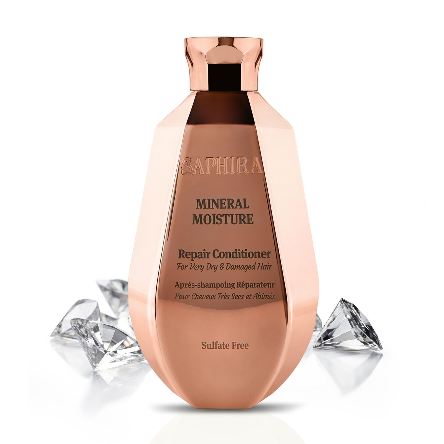 Saphira Mineral Moisture Repair Conditiner bottle front enhances hydration for smoother, manageable hair.