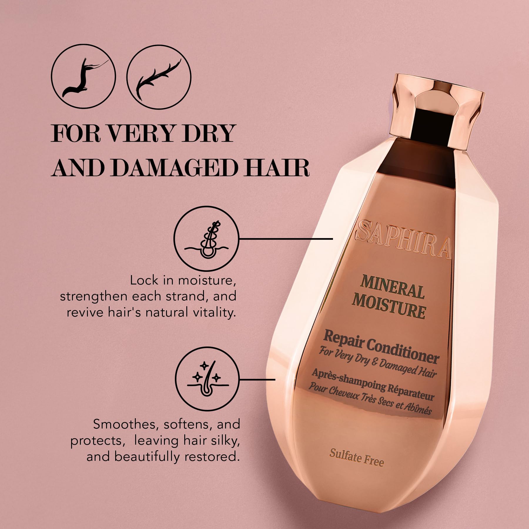 Saphira Mineral Moisture Repair Conditiner bottle side showcases creamy formula for daily moisture.